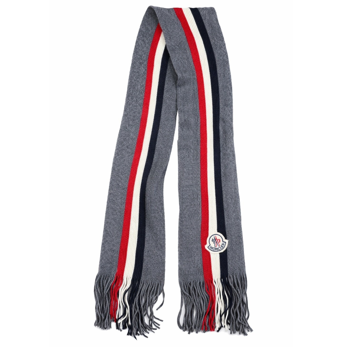 Moncler Wool Scarf Gray Red Navy Stripe Logo Fringe Unisex